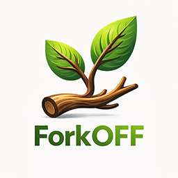 Логотип ForkOff: коричневая ветка дерева с двумя яркими зелёными листьями над текстом 'ForkOFF' зелёным шрифтом, символизирующими рост и естественное развитие.
